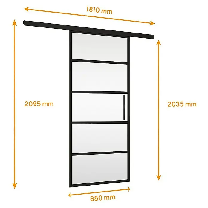 Inova Glasschiebetür Klarglas Komplettset 5 Felder schwarz -  - Abbildung einer Glasschiebetür mit schwarzen Rahmen und den Maßen 1810 mm x 2095 mm x 880 mm.