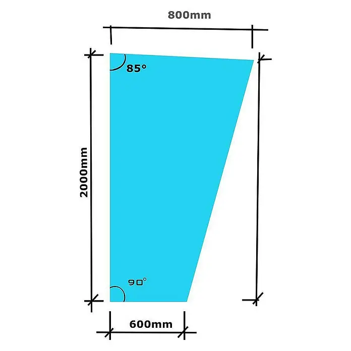 Glaszentrum Hagen Vordach - 80 x 90 x 200 cm - Abbildung eines trapezförmigen Zuschnitts mit einer Höhe von 2000 mm, einer unteren Breite von 600 mm und einer oberen Breite von 800 mm.