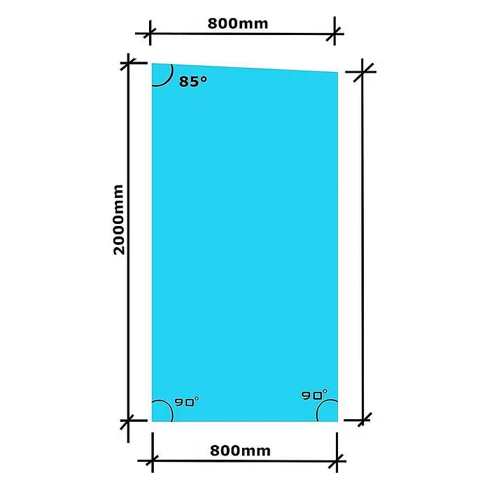 Glaszentrum Hagen Vordach - 80 x 90 x 200 cm - Technische Zeichnung einer blauen Platte mit den Maßen 800 mm x 2000 mm und einem Winkel von 85 Grad.