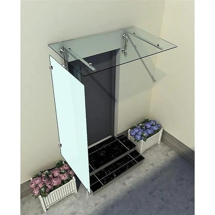 Glaszentrum Hagen Vordach - 80 x 90 x 200 cm - Eine moderne Haustür mit Glasvordach und blühenden Blumenkästen. Das Vordach schützt vor Regen und verleiht dem Eingangsbereich Stil.