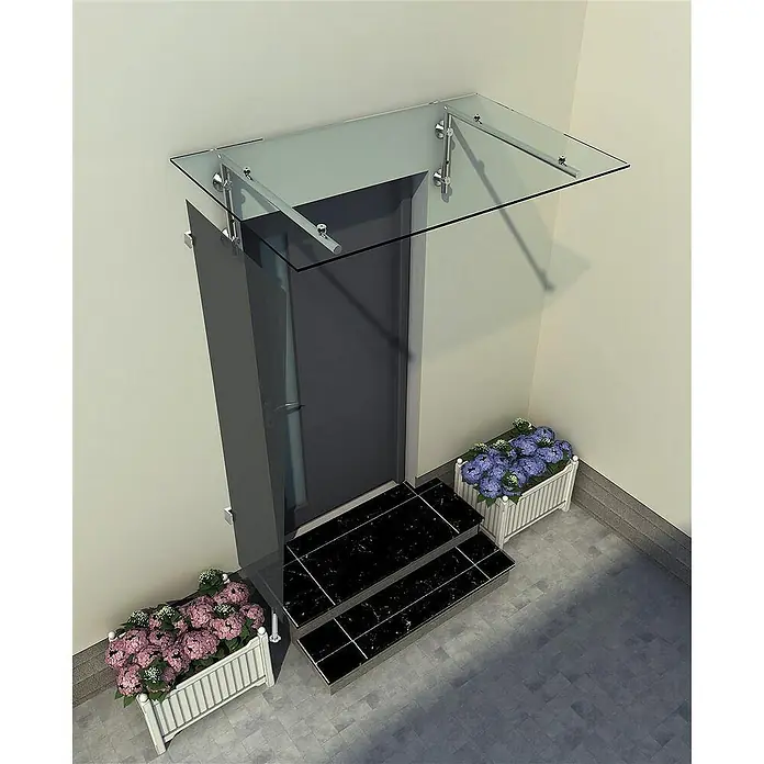 Glaszentrum Hagen Vordach - 80 x 90 x 200 cm - Hier ist eine elegante Haustür mit einem modernen Glasvordach und Marmorstufen, die von Blumenkästen gesäumt werden.