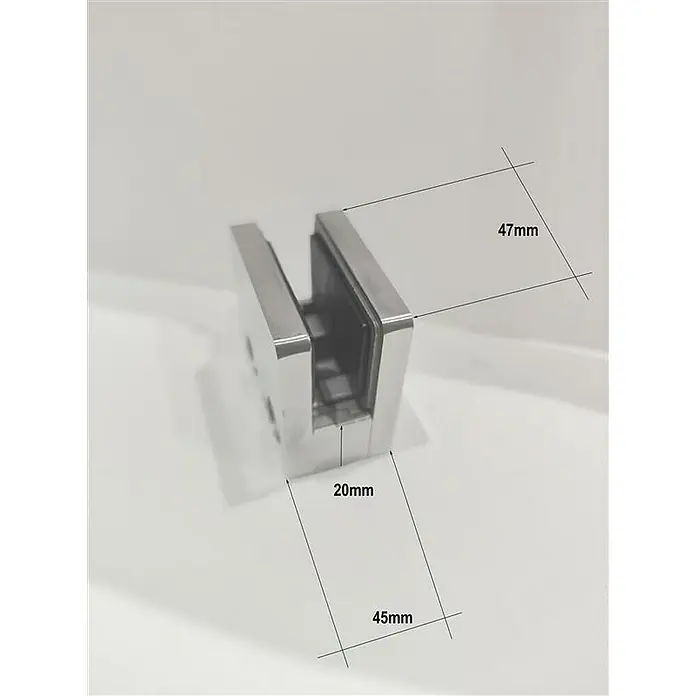 Glaszentrum Hagen Vordach - 80 x 90 x 200 cm - Produktbild einer Glasklemme aus Edelstahl mit Größenangaben. Solide Konstruktion für sicheren Halt von Glasplatten.