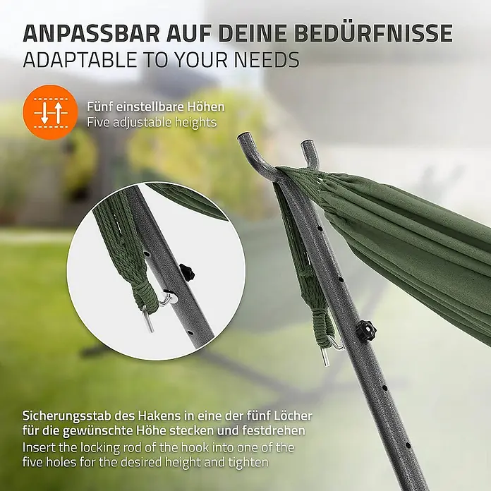 ML-Design Hängematte XXL Hängesessel Khaki mit Tragetasche und Ständer für Garten/Balkon - L x B: 255 x 99 cm, Stahl, Grün, Passend für: Erholung, Lesen, Entspannen - Anpassbare Hängematte: Fünf einstellbare Höhen sorgen für Komfort und Flexibilität. Einfach den Hakenstab in das gewünschte Loch stecken und festziehen.