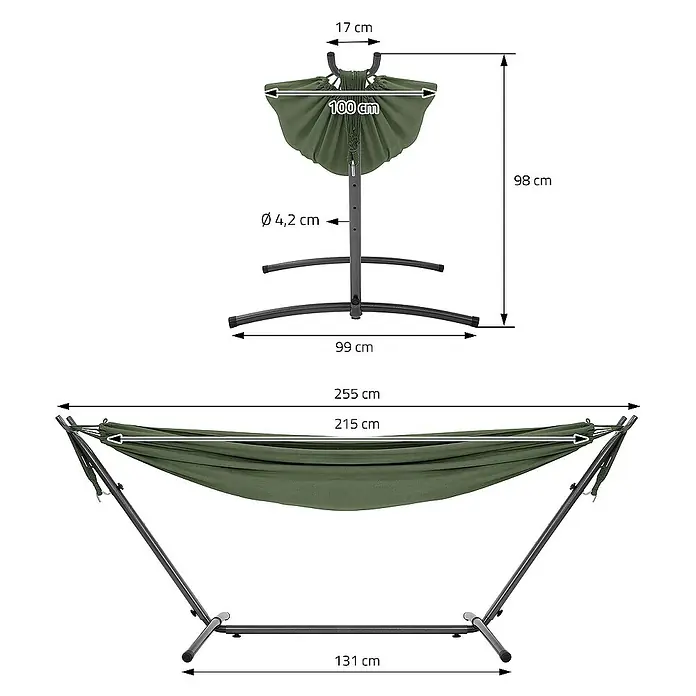 ML-Design Hängematte XXL Hängesessel Khaki mit Tragetasche und Ständer für Garten/Balkon - L x B: 255 x 99 cm, Stahl, Grün, Passend für: Erholung, Lesen, Entspannen - Produktbild einer Hängematte mit Gestell, inklusive Maßangaben zu Länge, Breite und Höhe in Zentimetern.