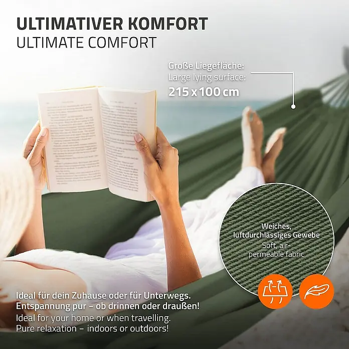 ML-Design Hängematte XXL Hängesessel Khaki mit Tragetasche und Ständer für Garten/Balkon - L x B: 255 x 99 cm, Stahl, Grün, Passend für: Erholung, Lesen, Entspannen - Eine Person entspannt in einer grünen Hängematte, die für ultimativen Komfort mit einer großen Liegefläche und luftdurchlässigem Gewebe sorgt.