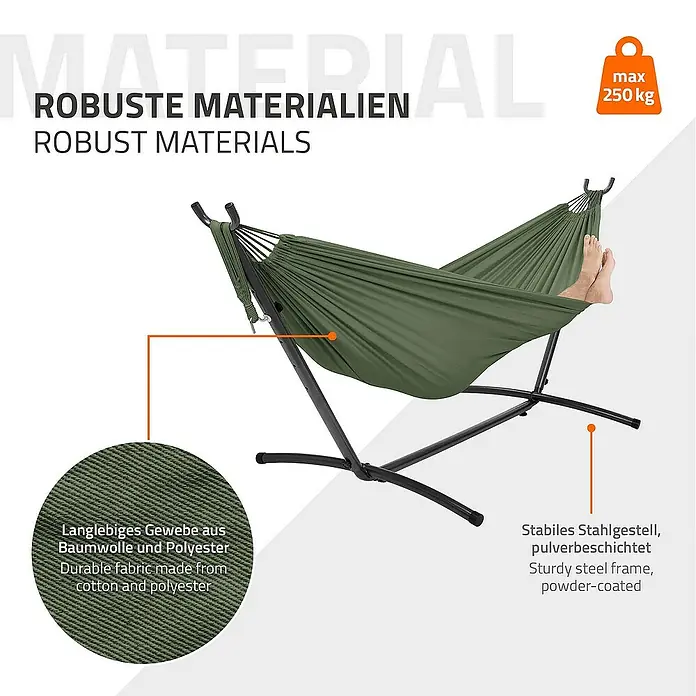 ML-Design Hängematte XXL Hängesessel Khaki mit Tragetasche und Ständer für Garten/Balkon - L x B: 255 x 99 cm, Stahl, Grün, Passend für: Erholung, Lesen, Entspannen - Abbildung einer olivgrünen Hängematte mit Stahlrahmen, robusten Materialien, maximaler Belastbarkeit von 250 kg und Stoff aus Baumwolle und Polyester.