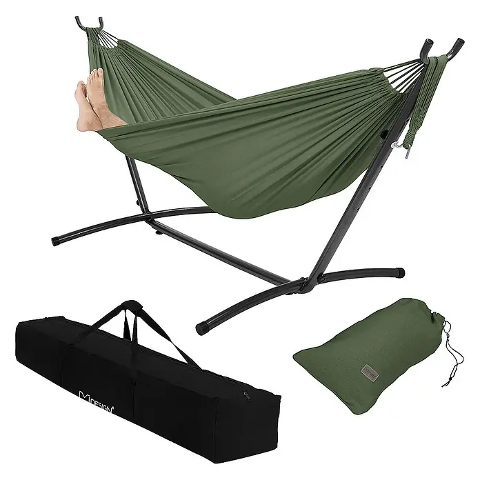 ML-Design Hängematte XXL Hängesessel Khaki mit Tragetasche und Ständer für Garten/Balkon - L x B: 255 x 99 cm, Stahl, Grün, Passend für: Erholung, Lesen, Entspannen - Eine grüne Hängematte mit Gestell und Tragetasche, perfekt für entspannte Stunden im Freien.
