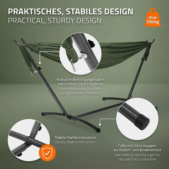 ML-Design Hängematte XXL Hängesessel Khaki mit Tragetasche und Ständer für Garten/Balkon - L x B: 255 x 99 cm, Stahl, Grün, Passend für: Erholung, Lesen, Entspannen - Produktbild einer freistehenden Hängematte mit robustem Stahlrahmen und praktischem, stabilem Design für den Außenbereich.