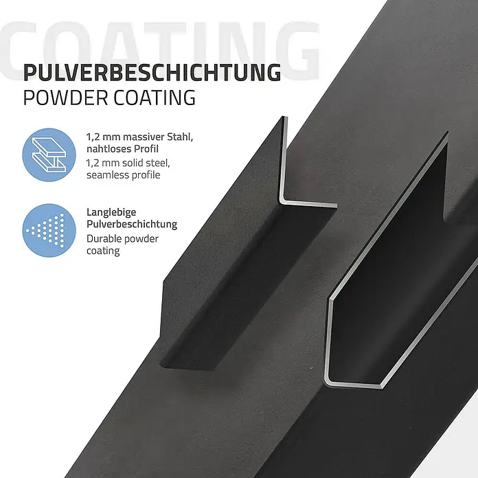 ML-Design Tischgestell 4er Set Tischkufen schräg Möbelfüße und aus Stahl I-Form - L x B x H: 10 x 10 x 42 cm, Traglast: 500 kg, Stahl - Detailaufnahme von zwei pulverbeschichteten Stahlprofilen (1,2 mm). Dauerhafte Beschichtung für nahtlose Profile.