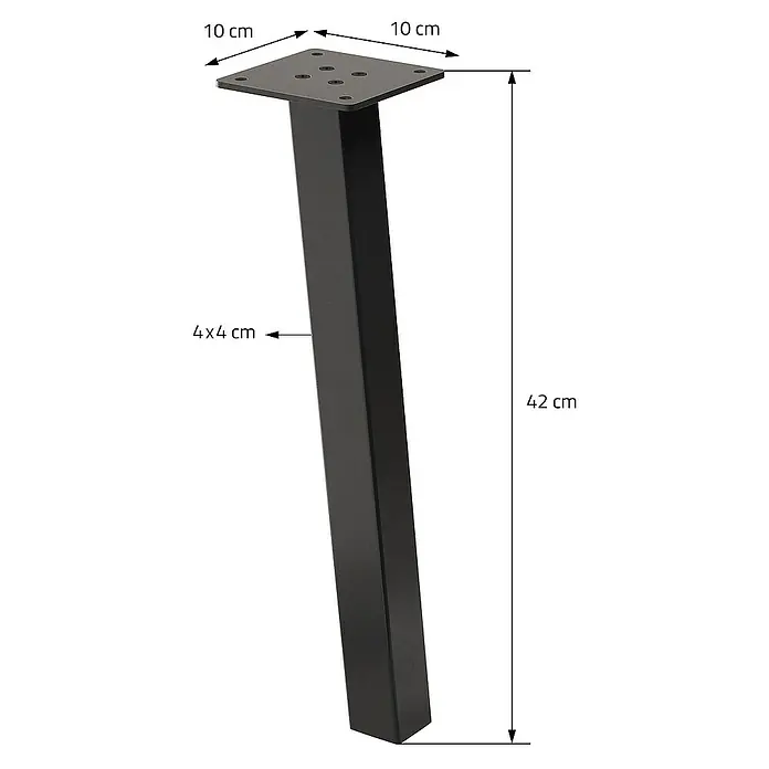 ML-Design Tischgestell 4er Set Tischkufen schräg Möbelfüße und aus Stahl I-Form - L x B x H: 10 x 10 x 42 cm, Traglast: 500 kg, Stahl - Bild einer schwarzen Möbelfuß aus Metall mit den Maßen 10 x 10 cm für die Platte und 4 x 4 cm für das Bein und einer Höhe von 42 cm.