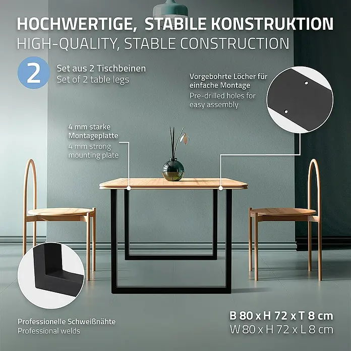 ECD Germany Tischgestell modernes Industriedesign Möbelfüße aus Metall - L x B x H: 8 x 80 x 72 cm, Stahl - Produktbild eines Esstisches mit schwarzen Tischbeinen, der Wertigkeit und Stabilität ausstrahlt.
