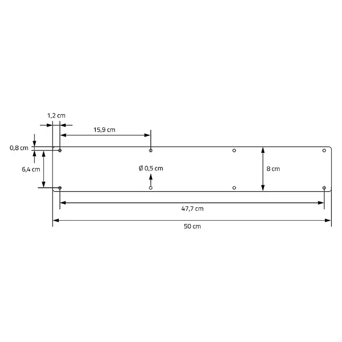 ML-Design Tischgestell Kufengestell X-Form Schwarz für Esstisch/Schreibtisch DIY-Projekte - L x B x H: 8 x 50 x 71 cm, Stahl - Abbildung der Produktabmessungen mit Details zu Länge (50 cm), Breite (8 cm) und Lochdurchmessern (0,5 cm).