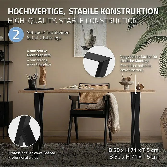 ML-Design Tischgestell Kufengestell X-Form Schwarz für Esstisch/Schreibtisch DIY-Projekte - L x B x H: 8 x 50 x 71 cm, Stahl - Produktbild: Hochwertige Tischbeine mit stabiler Konstruktion, 2er Set mit 4 mm starker Montageplatte und professionellen Schweißnähten.