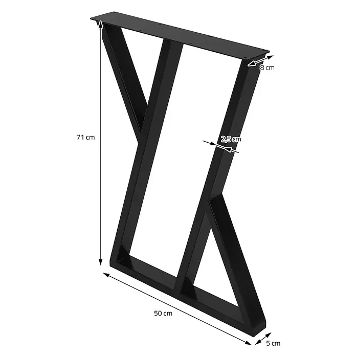 ML-Design Tischgestell Kufengestell X-Form Schwarz für Esstisch/Schreibtisch DIY-Projekte - L x B x H: 8 x 50 x 71 cm, Stahl - Schwarzes Tischbein aus Metall mit Abmessungen, die in der Abbildung dargestellt sind.