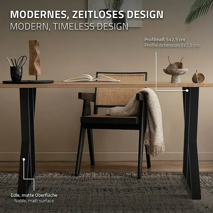 ML-Design Tischgestell Kufengestell X-Form Schwarz für Esstisch/Schreibtisch DIY-Projekte - L x B x H: 8 x 50 x 71 cm, Stahl - Ein moderner Schreibtisch mit einer Tischplatte aus Holz und einem einzigartigen, zeitlosen Design des Metallgestells.