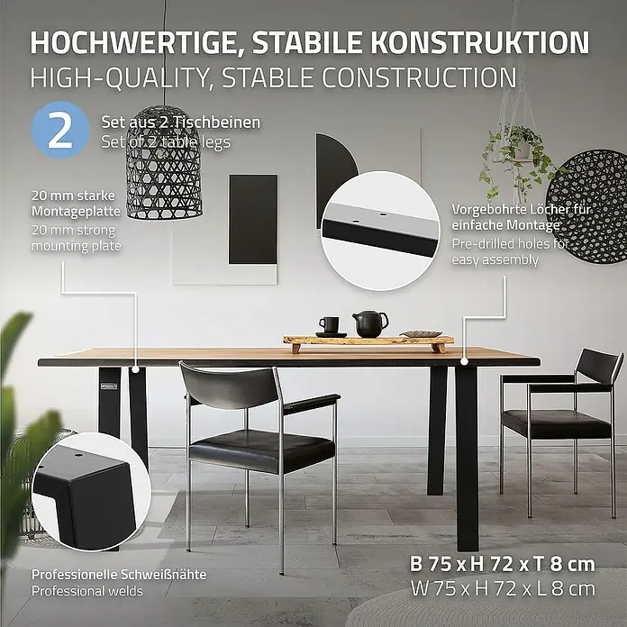ML-Design Tischgestell Loft 2er Set aus Stahl Industriedesign U-Form - L x B x H: 8 x 75 x 72 cm, Stahl - Abbildung eines Tisches mit hochwertigen, stabilen Tischbeinen, die eine einfache Montage und professionelle Schweißnähte aufweisen.
