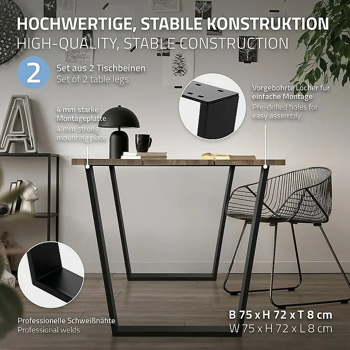 ML-Design Tischgestell 2er Set Tischbeine Trapez V-Form aus Stahl pulverbeschichtet - L x B x H: 8 x 75 x 72 cm, Stahl - Bild eines Schreibtisches mit schwarzen Tischbeinen, die eine hochwertige und stabile Konstruktion aufweisen.