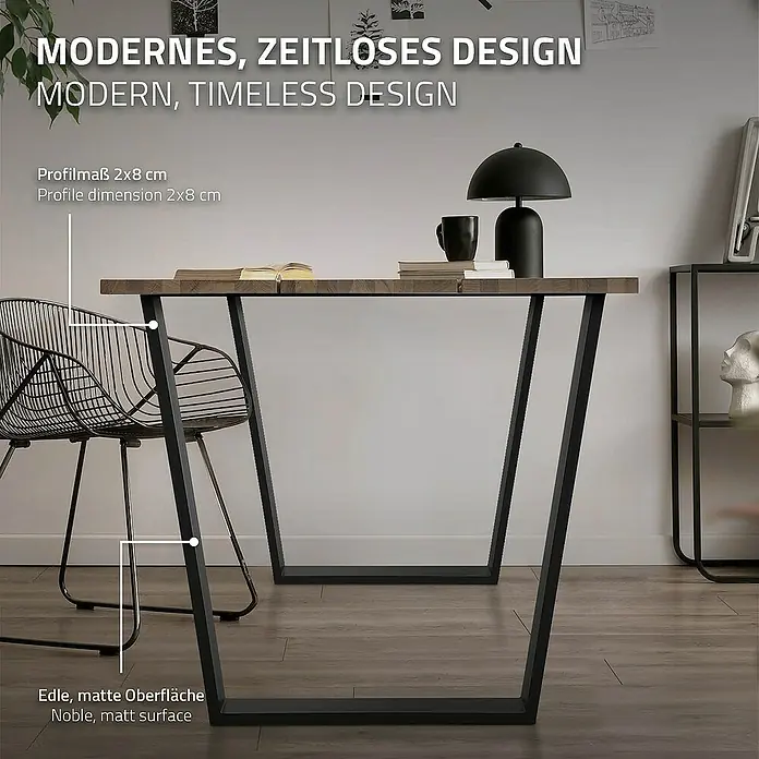 ML-Design Tischgestell 2er Set Tischbeine Trapez V-Form aus Stahl pulverbeschichtet - L x B x H: 8 x 75 x 72 cm, Stahl - Bild eines modernen Schreibtischs mit einer Holzplatte und einem schwarzen Metallgestell, der ein zeitloses Design ausstrahlt.