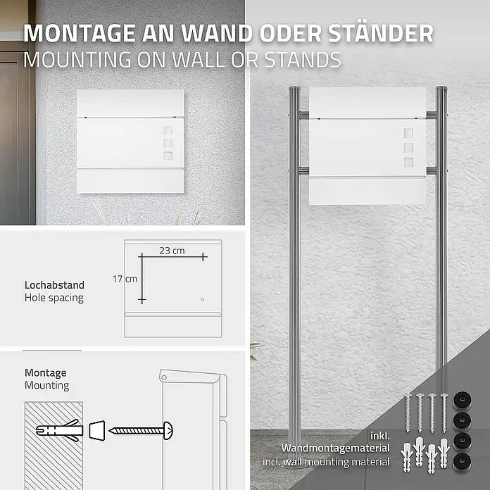 ECD Germany Wandbriefkasten Standbriefkasten mit Zeitungsfach inkl. 2 Schlüssel Stahl - L x B x H: 10,5 x 37 x 36,5 cm, Weiß, Stahl, Zeitungsfach - Bild einer Montageanleitung für einen Briefkasten, der an einer Wand oder einem Ständer befestigt werden kann, inklusive Montagematerial.