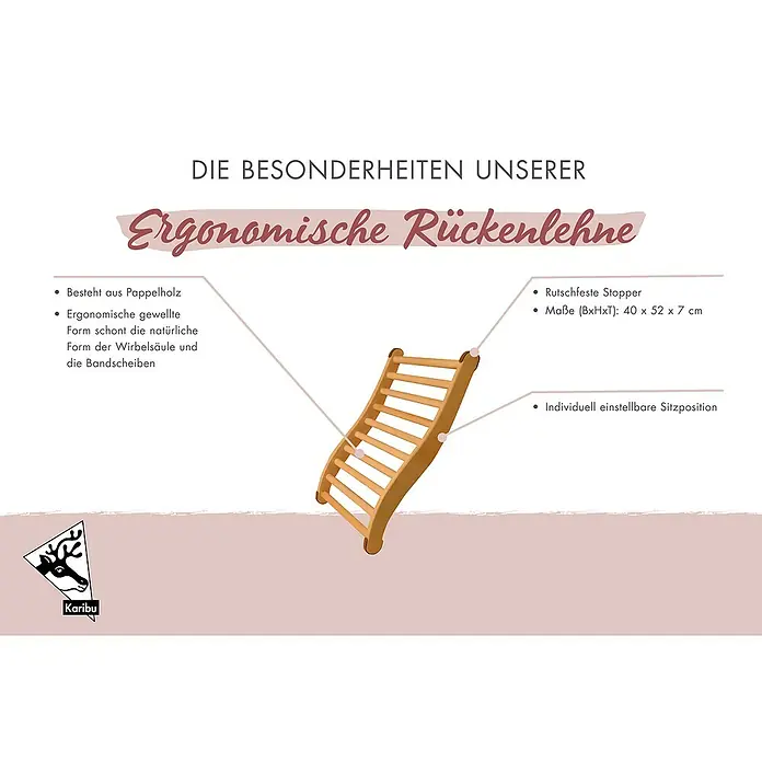 Karibu Sauna-Rückenlehne Classic - 41,5 x 53 cm, Holz - Bild einer ergonomischen Rückenlehne aus Pappelholz, die die Wirbelsäule schont. Rutschfeste Stopper und individuell einstellbare Sitzposition.