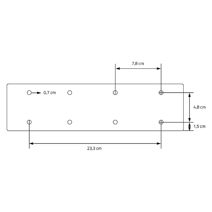 ML-Design Tischgestell Loft 2er Set Bankkufen aus Stahl Industriedesign U-Form - L x B x H: 8 x 44 x 42 cm, Stahl - Abbildung einer Montageplatte mit Bohrlöchern und Bemaßungen. Die Platte ist rechteckig und hat abgerundete Ecken, mit genauen Abmessungen für die Installation.