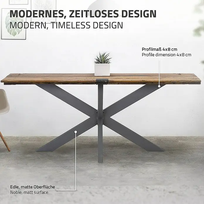 ML-Design Tischgestell Spider Kreuzgestell Schwerlast aus Stahl für DIY - L x B x H: 78 x 120 x 71 cm, Traglast: 150 kg, Stahl - Das Bild zeigt einen modernen Esstisch mit einer Holztischplatte und einem grauen Metallgestell im X-Design.