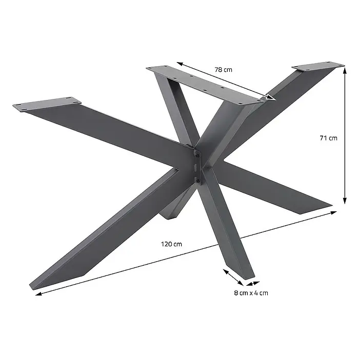 ML-Design Tischgestell Spider Kreuzgestell Schwerlast aus Stahl für DIY - L x B x H: 78 x 120 x 71 cm, Traglast: 150 kg, Stahl - Das Bild zeigt ein modernes Tischgestell aus Metall mit einer markanten X-förmigen Basis und detaillierten Maßangaben für Design und Größe.