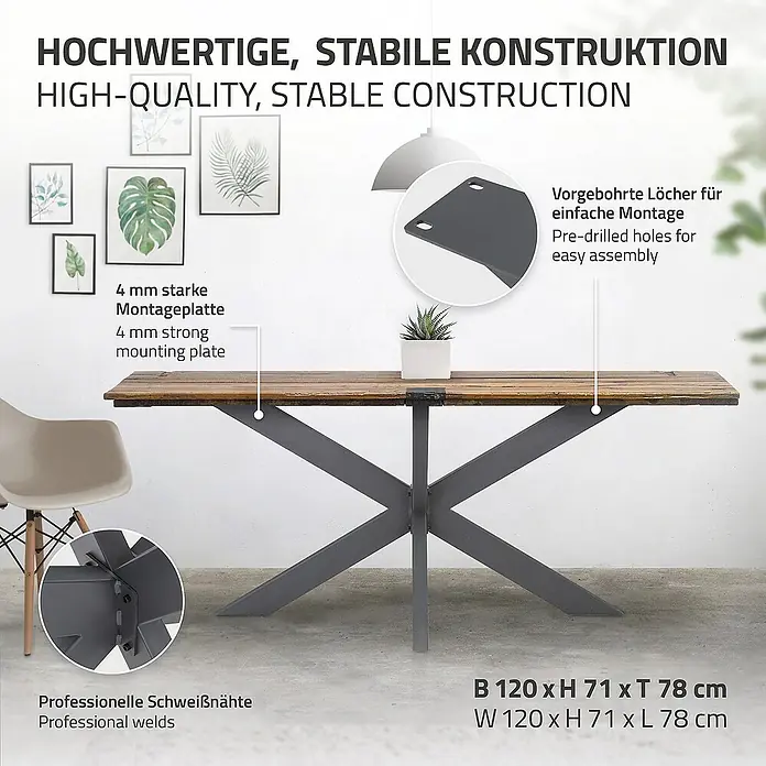 ML-Design Tischgestell Spider Kreuzgestell Schwerlast aus Stahl für DIY - L x B x H: 78 x 120 x 71 cm, Traglast: 150 kg, Stahl - Detailaufnahme eines Tisches mit stabiler Konstruktion, vorgebohrten Löchern und professionellen Schweißnähten für einfache Montage.