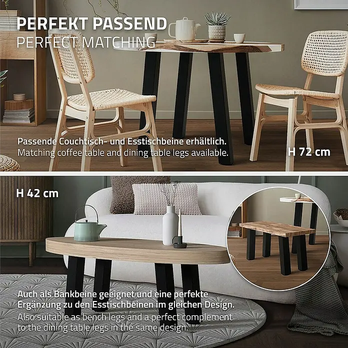 ML-Design Tischgestell 4er Set Tischbeine schräg Möbelfüße und aus Stahl - L x B x H: 14 x 14 x 30 cm, Stahl - Das Bild zeigt perfekt passende Tischbeine für Couchtische und Esstische. Auch als Bankbeine geeignet.