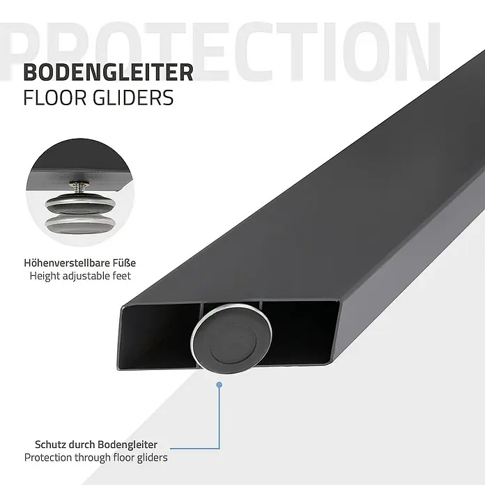 ML-Design Tischgestell Spider Kreuzgestell Schwerlast aus Stahl für DIY - L x B x H: 78 x 120 x 71 cm, Traglast: 150 kg, Stahl - Bild einer Tischbeinverlängerung mit höhenverstellbaren Bodengleitern für optimalen Schutz des Untergrunds.