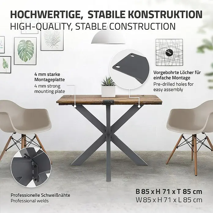 ML-Design Tischgestell Spider Kreuzgestell Schwerlast aus Stahl für DIY - L x B x H: 85 x 85 x 71 cm, Traglast: 150 kg, Stahl - Produktbild eines Esstisches mit Holztischplatte und grauem Metallgestell, umgeben von zwei Stühlen.