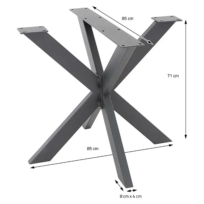 ML-Design Tischgestell Spider Kreuzgestell Schwerlast aus Stahl für DIY - L x B x H: 85 x 85 x 71 cm, Traglast: 150 kg, Stahl - Metall-Tischgestell in X-Form mit Maßangaben. Robustes Design für Esstische und mehr.
