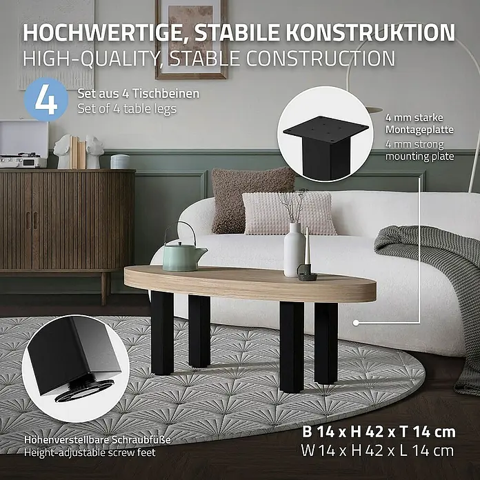 ML-Design Tischgestell 4er Set Tischkufen I-Design Möbelfüße und aus Stahl - L x B x H: 14 x 14 x 42 cm, Traglast: 500 kg, Stahl - Produktbild: Das Bild zeigt einen Satz von 4 Tischbeinen mit höhenverstellbaren Schraubfüßen und einer stabilen Konstruktion.