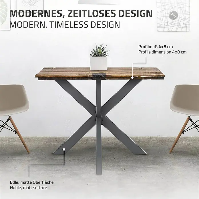ML-Design Tischgestell Spider Kreuzgestell Schwerlast aus Stahl für DIY - L x B x H: 85 x 85 x 71 cm, Traglast: 150 kg, Stahl - Bild eines modernen Esstisches mit Holzplatte und Metallgestell, umgeben von zwei Stühlen.