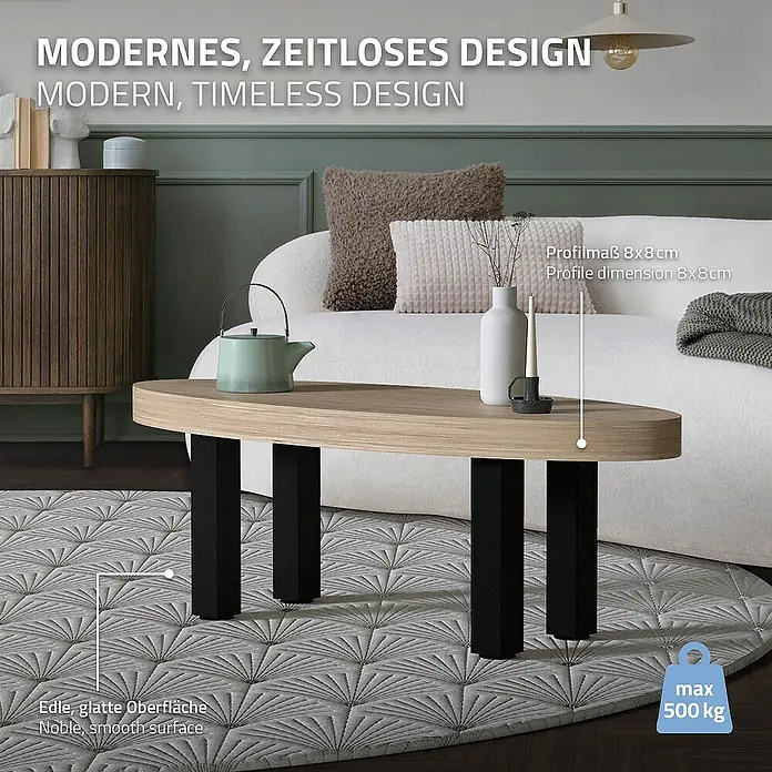 ML-Design Tischgestell 4er Set Tischkufen I-Design Möbelfüße und aus Stahl - L x B x H: 14 x 14 x 42 cm, Traglast: 500 kg, Stahl - Moderner Couchtisch mit ovaler Platte und schwarzen Beinen. Das Design ist zeitlos und elegant.
