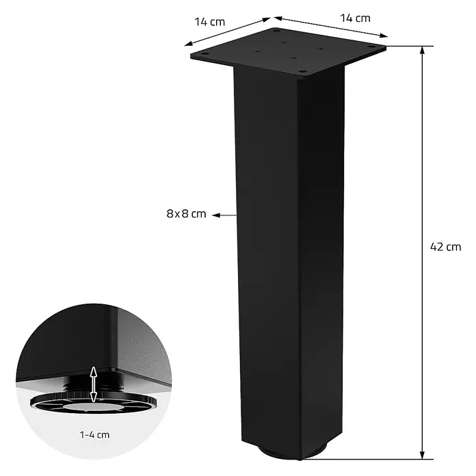 ML-Design Tischgestell 4er Set Tischkufen I-Design Möbelfüße und aus Stahl - L x B x H: 14 x 14 x 42 cm, Traglast: 500 kg, Stahl - Abbildung eines schwarzen Möbelfußes mit verstellbarer Höhe und den Maßen 14x14 cm für die Montageplatte und 8x8 cm für den Fuß, Höhe 42 cm.