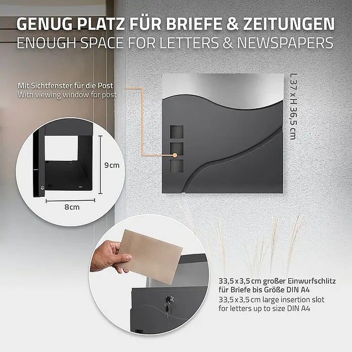 ECD Germany Wandbriefkasten Standbriefkasten mit Zeitungsfach inkl. 2 Schlüssel Stahl - L x B x H: 10,5 x 37 x 36,5 cm, Anthrazit, Silber, Edelstahl, Zeitungsfach - Produktbild eines Briefkastens mit genug Platz für Briefe und Zeitungen, inklusive Sichtfenster und großem Einwurfschlitz für A4-Briefe.