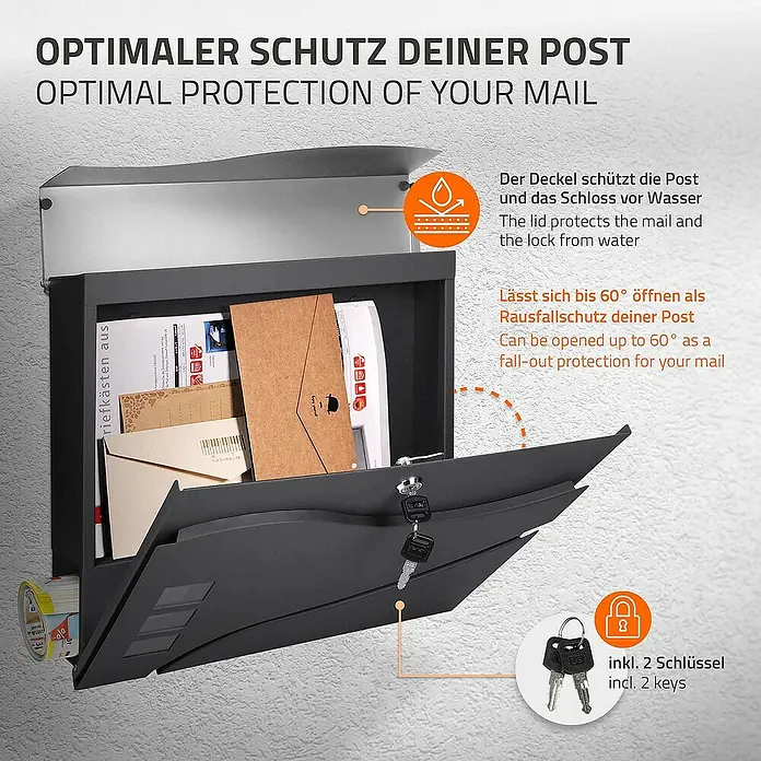 ECD Germany Wandbriefkasten Standbriefkasten mit Zeitungsfach inkl. 2 Schlüssel Stahl - L x B x H: 10,5 x 37 x 36,5 cm, Anthrazit, Silber, Edelstahl, Zeitungsfach - Bild eines Briefkastens mit Schutz vor Wasser, der bis zu 60° geöffnet werden kann und 2 Schlüssel enthält.
