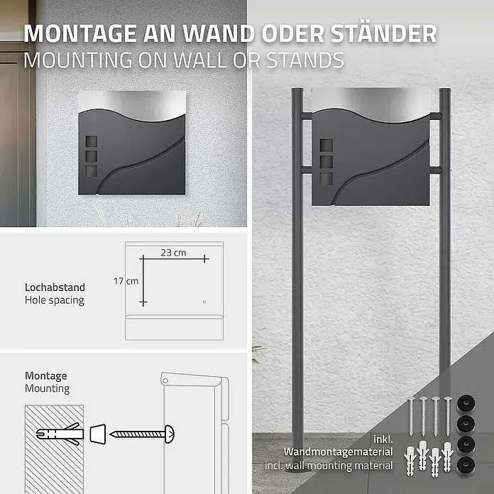 ECD Germany Wandbriefkasten Standbriefkasten mit Zeitungsfach inkl. 2 Schlüssel Stahl - L x B x H: 10,5 x 37 x 36,5 cm, Anthrazit, Silber, Edelstahl, Zeitungsfach - Abbildung einer Montageanleitung für einen Briefkasten, der an einer Wand oder einem Ständer befestigt werden kann, inklusive Montagematerial.