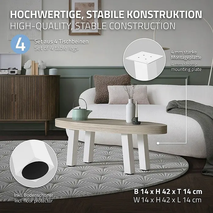 ML-Design Tischgestell 4er Set Tischbeine schräg Möbelfüße und aus Stahl - L x B x H: 14 x 14 x 42 cm, Traglast: 500 kg, Stahl - Hochwertige Tischbeine im Set. Stabile Konstruktion mit einfacher Montage und Bodenschonern für den perfekten Stand.