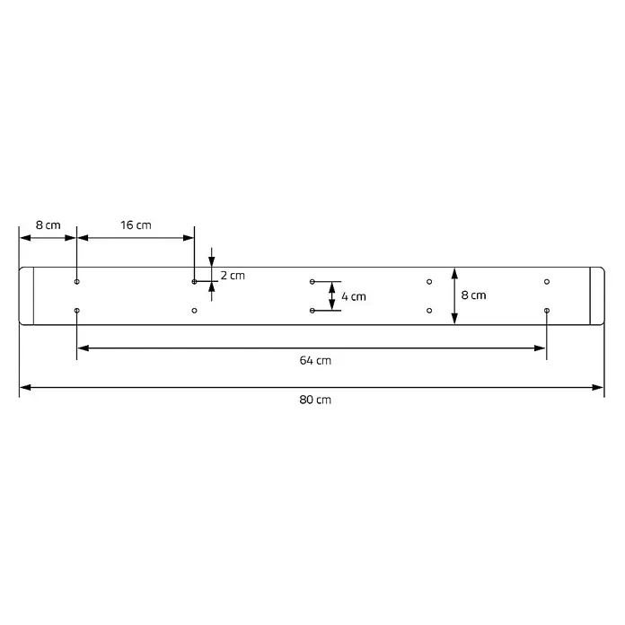 ML-Design Tischgestell Kufengestell O-Form Schwarz für Esstisch/Schreibtisch DIY-Projekte - L x B x H: 8 x 80 x 72 cm, Stahl - Abbildung eines Holzbretts mit Bohrlöchern und Maßangaben in Zentimetern, die die Abstände und Dimensionen des Brettes zeigen.