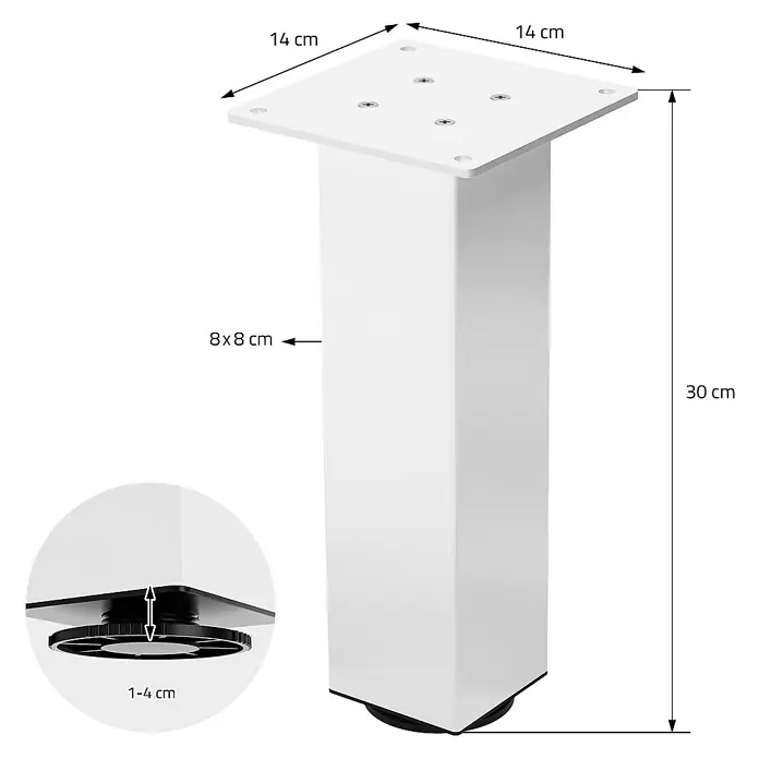 ML-Design Tischgestell 4er Set Tischkufen I-Design Möbelfüße und aus Stahl - L x B x H: 14 x 14 x 30 cm, Stahl - Quadratischer, weißer Möbelfuß mit verstellbarem Fuß und den Maßen 14x14 cm (oben), 8x8 cm und 30 cm Höhe.