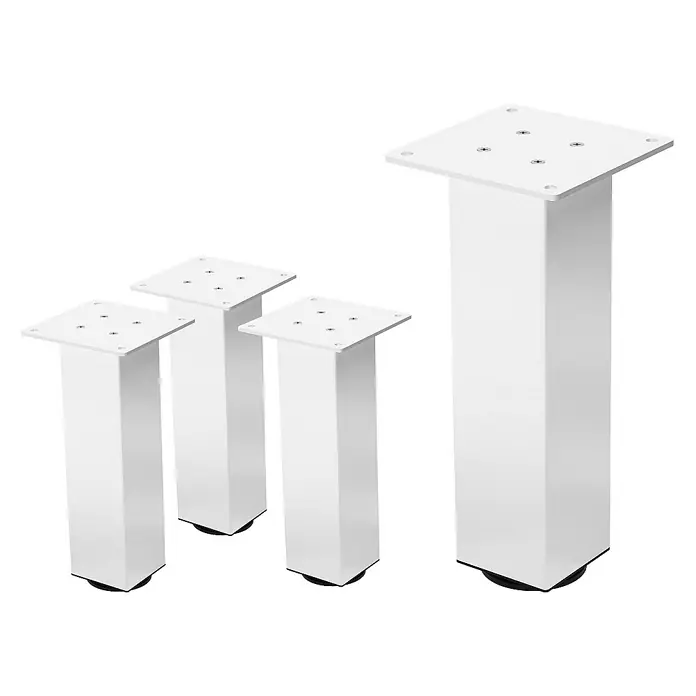ML-Design Tischgestell 4er Set Tischkufen I-Design Möbelfüße und aus Stahl - L x B x H: 14 x 14 x 30 cm, Stahl - Diese Aufnahme zeigt eine Gruppe quadratischer, weißer Möbelfüße mit Befestigungsplatten und Rollen für den vielseitigen Einsatz.