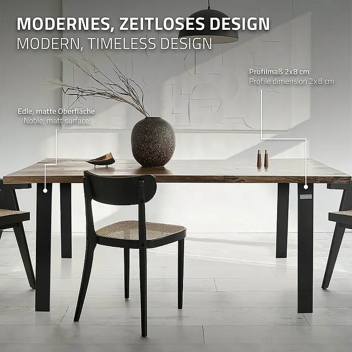 ML-Design Tischgestell Loft 2er Set aus Stahl Industriedesign U-Form - L x B x H: 8 x 90 x 72 cm, Stahl - Nahaufnahme eines Esstisches mit schwarzem Gestell und Stühlen mit Rattansitzen vor einer weißen Wand.