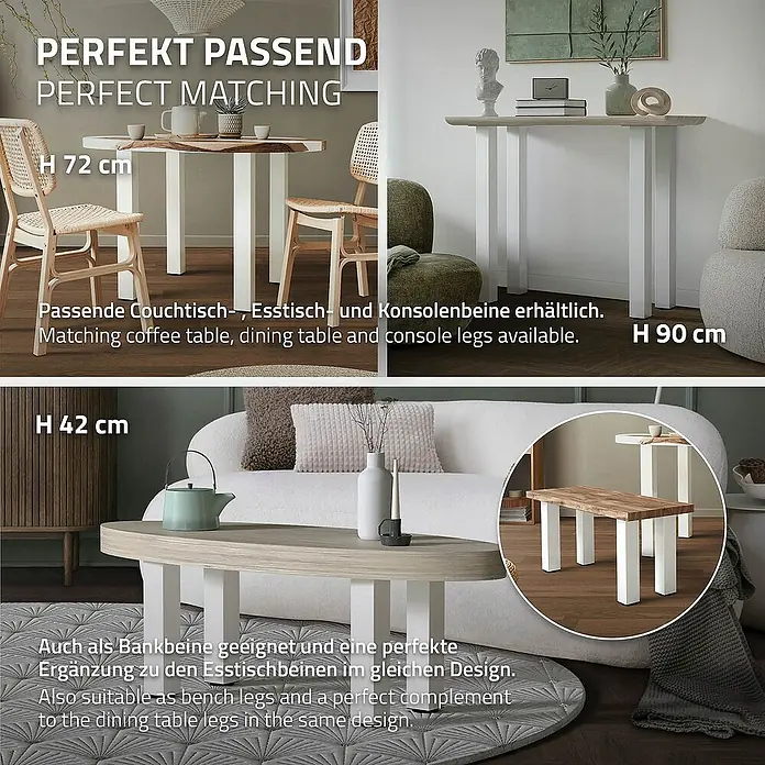 ML-Design Tischgestell 4er Set Tischkufen I-Design Möbelfüße und aus Stahl - L x B x H: 14 x 14 x 30 cm, Stahl - Das Bild zeigt passende Tischbeine in verschiedenen Höhen für Couchtische, Esstische und Konsolen.