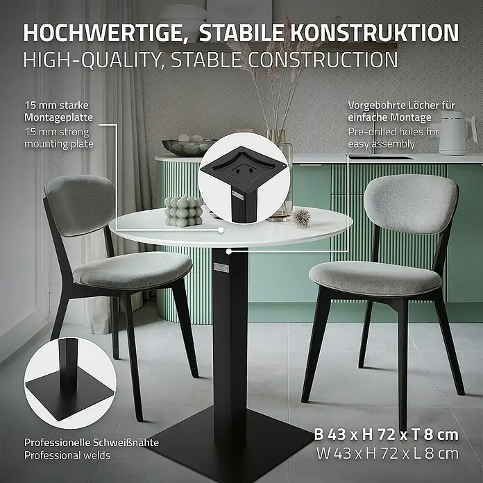 ML-Design Tischgestell mit Bodenplatte aus pulverbeschichteteter Stahl - L x B x H: 43 x 43 x 72 cm, Stahl - Produktansicht eines runden Esstisches mit stabilen Beinen und zwei grauen Stühlen, die ein hochwertiges und stabiles Design betonen.