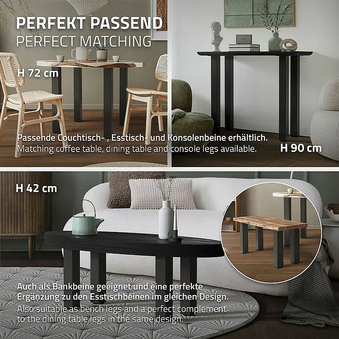ML-Design Tischgestell 4er Set Tischkufen I-Design Möbelfüße und aus Stahl - L x B x H: 14 x 14 x 30 cm, Stahl - Das Bild zeigt verschiedene Tischbeine in unterschiedlichen Höhen (42, 72 und 90 cm), die für Couch-, Ess- und Konsoltische geeignet sind.