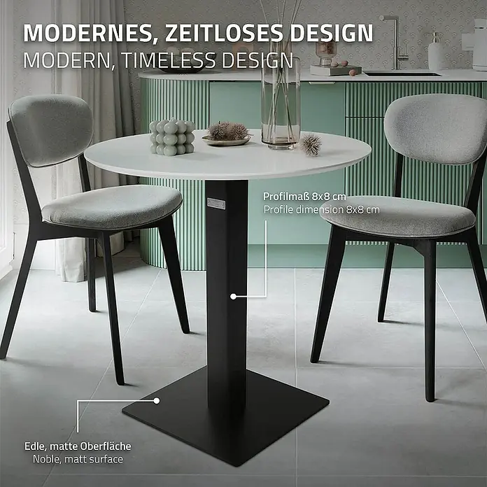 ML-Design Tischgestell mit Bodenplatte aus pulverbeschichteteter Stahl - L x B x H: 43 x 43 x 72 cm, Stahl - Ein moderner runder Esstisch mit einem schwarzen Sockel und zwei grauen Stühlen.