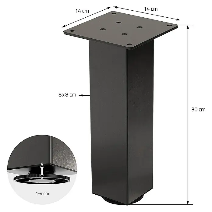 ML-Design Tischgestell 4er Set Tischkufen I-Design Möbelfüße und aus Stahl - L x B x H: 14 x 14 x 30 cm, Stahl - Produktansicht eines schwarzen Möbelfußes aus Metall mit den Maßen 14x14x30 cm und verstellbarer Höhe.