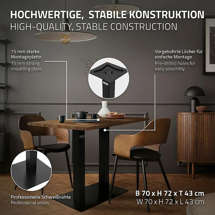 ML-Design Tischgestell mit Bodenplatte aus pulverbeschichteteter Stahl - L x B x H: 43 x 70 x 72 cm, Stahl - Bild eines Esstisches mit schwarzem Metallgestell und einer Holztischplatte, der Stabilität und hochwertige Verarbeitung verspricht.